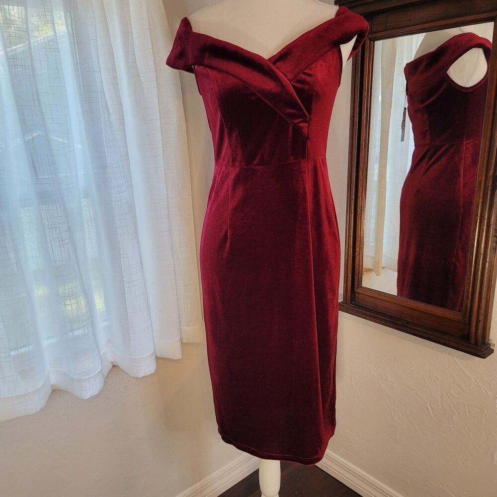 Retro Stage Velvet Dress Off Shoulder Red Midi Bodycon Holiday Evening Wear NWT
